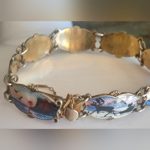 Guilloche Sterling Norway Scene Panel Links Ivar Holt 925 1950's Signed Bracelet - Picture 10 of 14